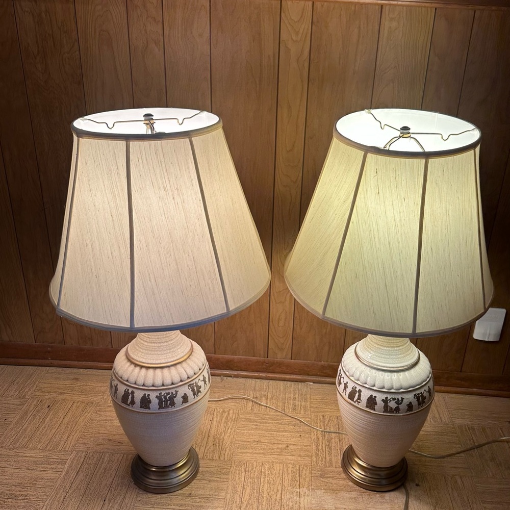 Pair of large vintage crackle glaze ceramic tables lamps with Greek motif